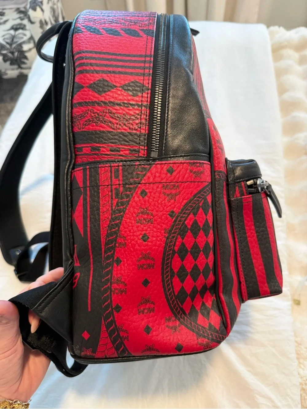MCM Red & Black Baroque Pattern Leather Backpack Medium